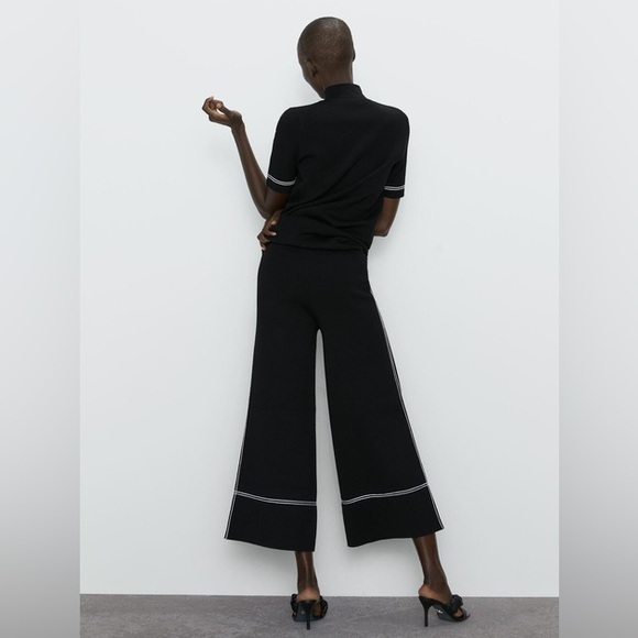 Zara Black Wide-Leg Pants with White Stitching - Picture 4 of 5